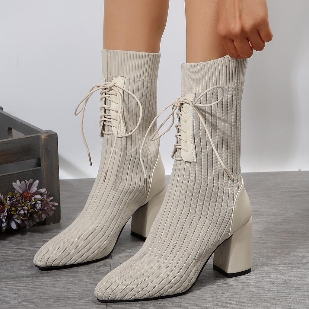 Women Knit Socks Shoes Stretch Fabric Women Luxury Ankle Boots Pointed Toe High Heels Slip-On Sock Heeled Chelsea Boots Size 43