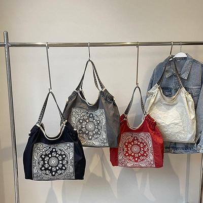 Women Fashion Embroidered Cashew Flower Nylon Shoulder Bag Casual Polyester Lining No-Closure Shopping Tote Bag AVE