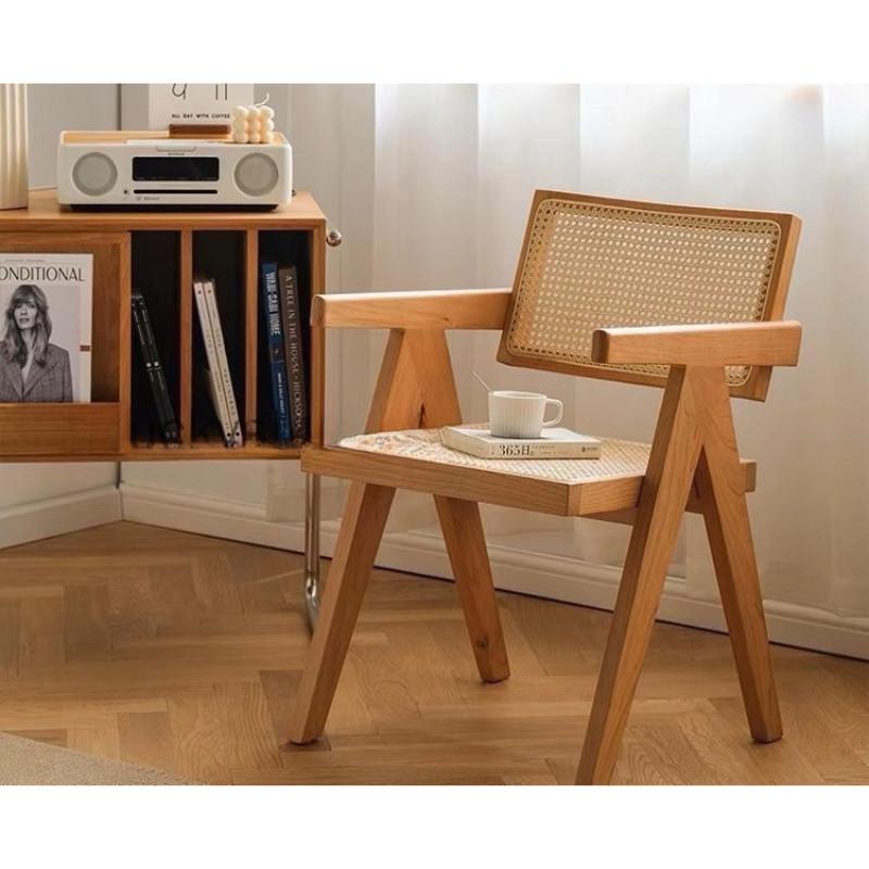 Mid-Century Rattan Chairs Living Room & Kitchen Wooden Chair with Hand-Woven Rattan Backres Home Leisure Chair