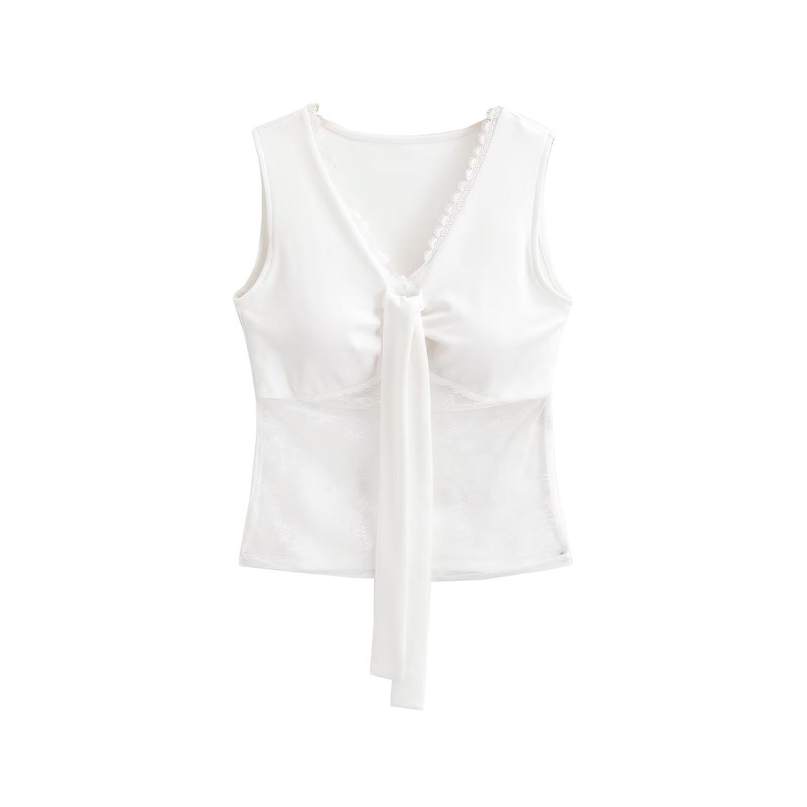 Korean Lace Patchwork V-Neck Slim Fit Camisole - Spring/Summer 2026 Sleeveless Top Medium белый