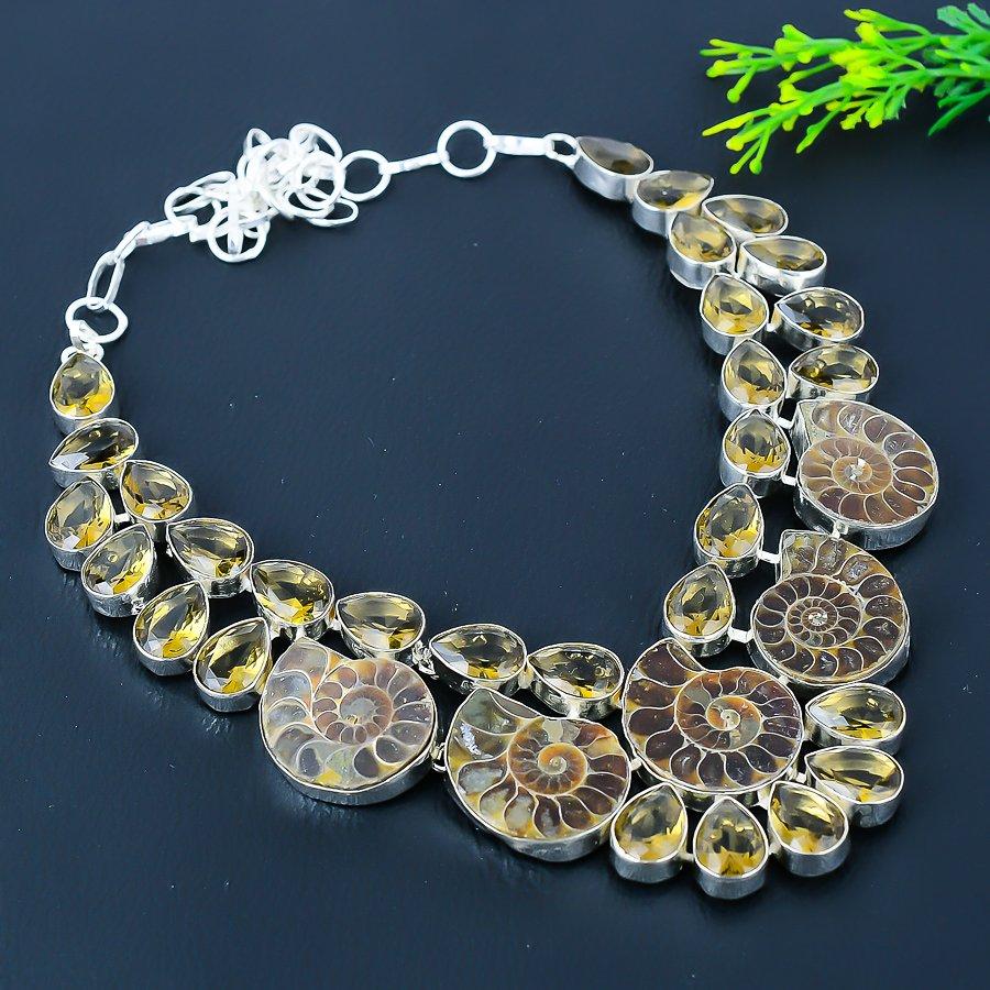 Ammonite Fossil, Olive Topaz Gemstone 925 Sterling Silver Necklace 18" C9Y32