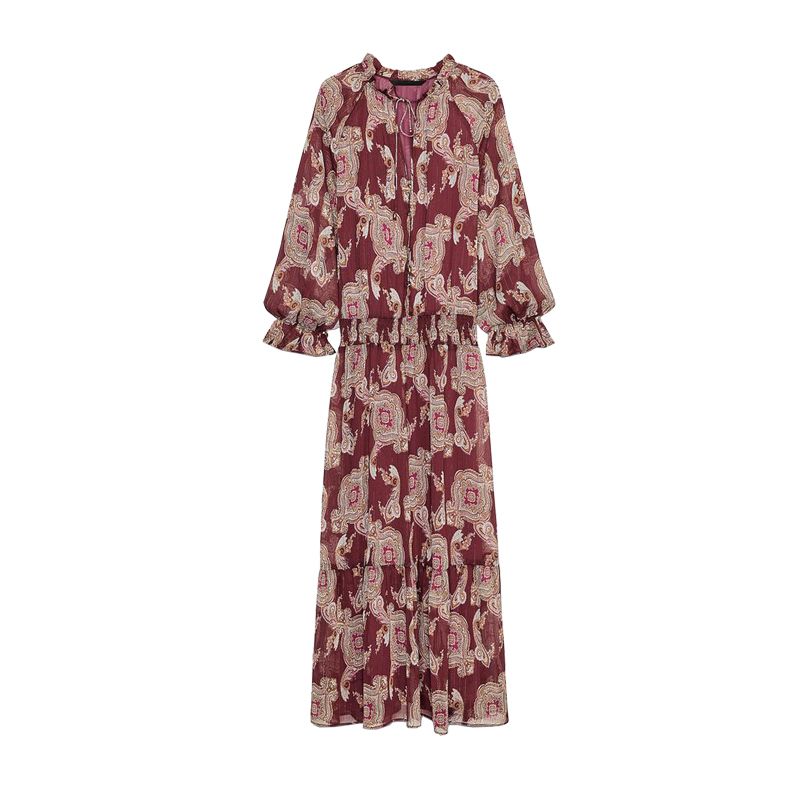 

Spring New Women s Clothing Fashion V Neck Waist-Tight Metal Color Thread Retro Print Length Dress 2509162 Multi-color L