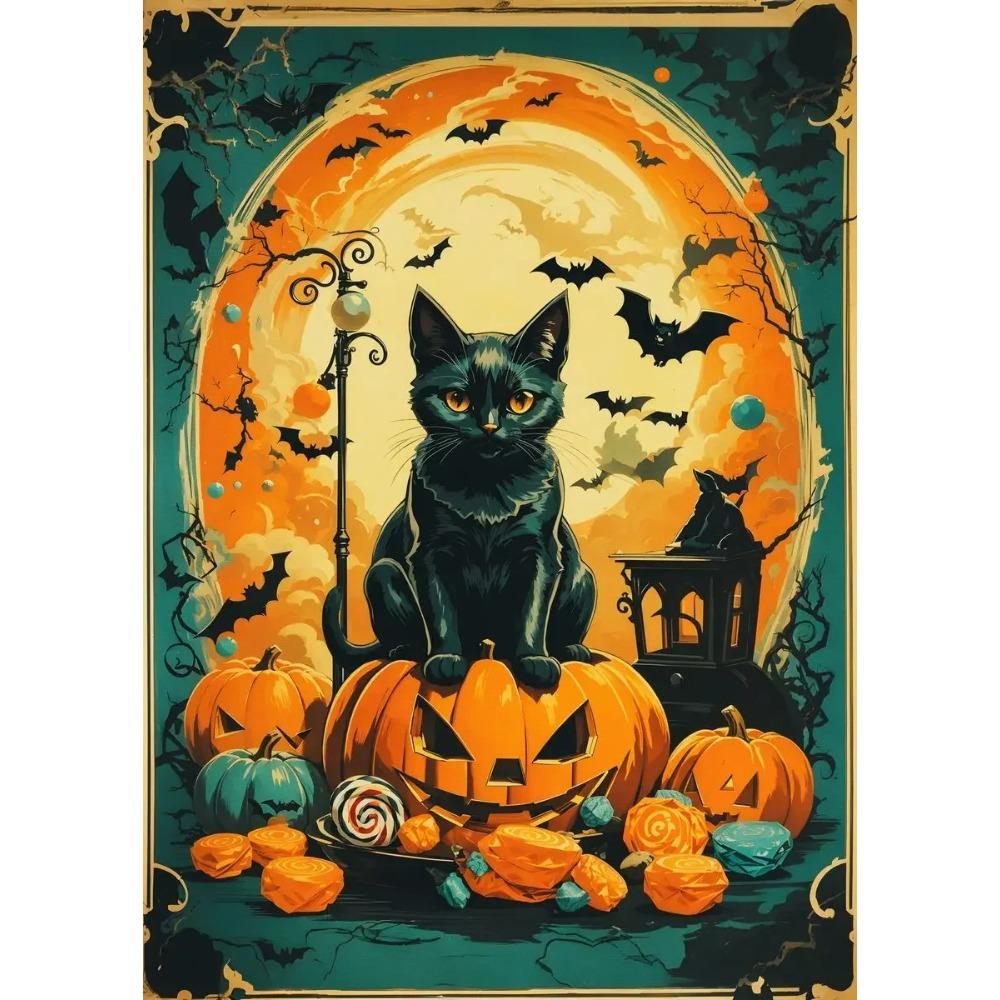 A Classic Vintage Wall Art Pumpkin Black Cat Ghost Painter Halloween Night, Printed Poster, Home Living Room Bedroom Decoration