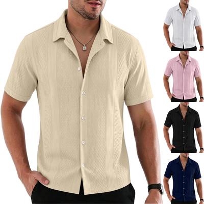 Men's Solid Knit Short Sleeve Shirt French Collar Breathable Hollow Out Button Down Casual Summer Top