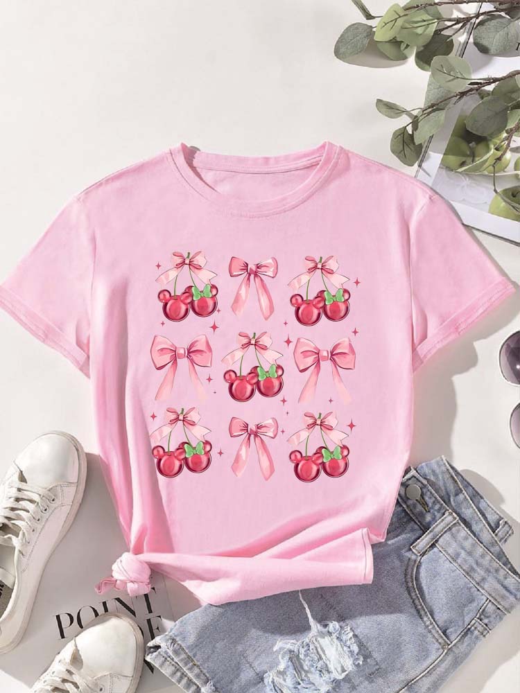 Ovely Style Fashion Summer Women Cherry Bow Print T Shirt Female Casual Top Tshirts Cartoon Graphic Tee T-Shirt