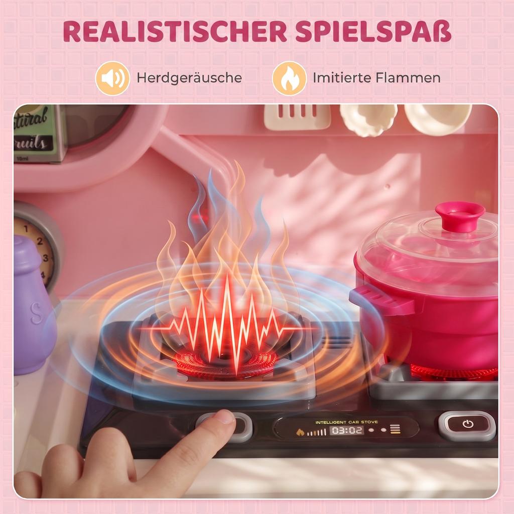 Play Kitchen, 33 PCS Kids Kitchen Playset with Lights, Sounds, Storage, Circulating Water Sink for 3-6 Years, Pink