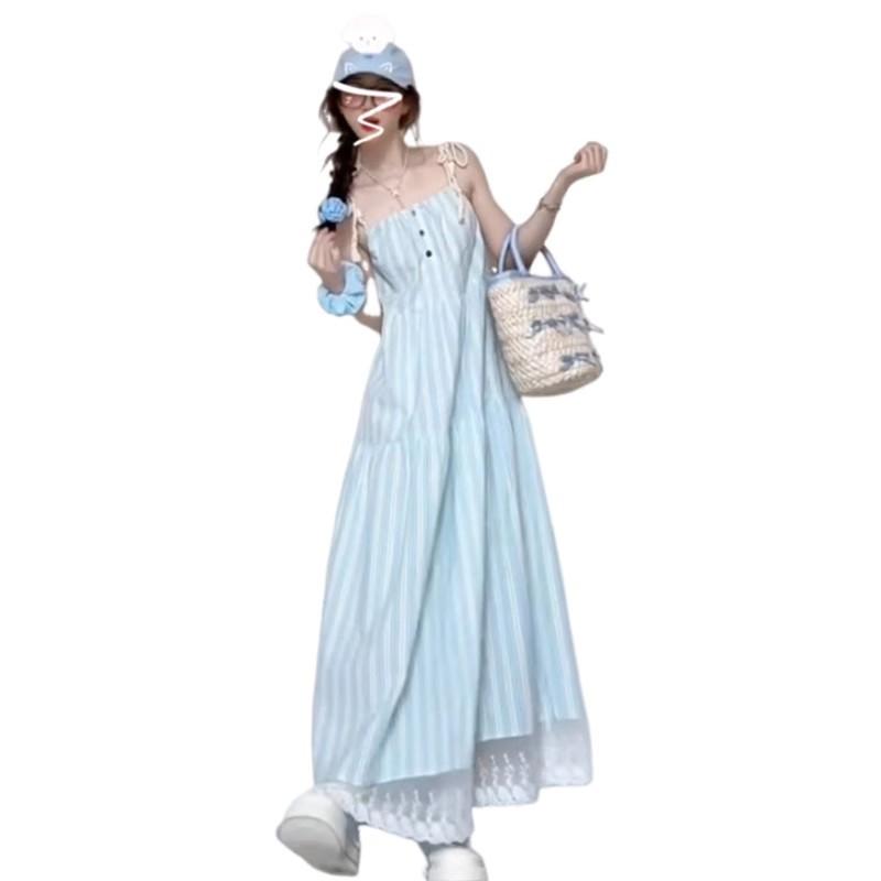 [Original Practice] French Temperament Blue Striped Suspender Dress Children Summer Small Seaside Vacation Long