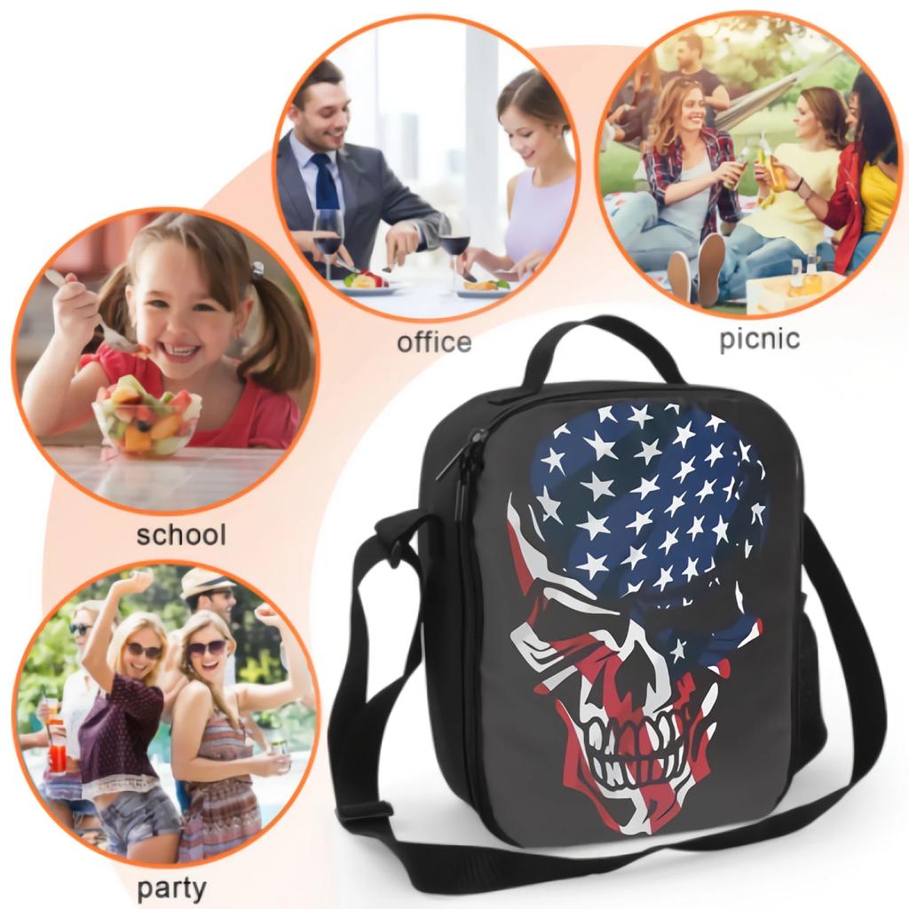 American Flag Skull Head Insulated Lunch Box Leakproof Portable Lunch Bag with Adjustable Shoulder Strap Reusable Cooler Bag