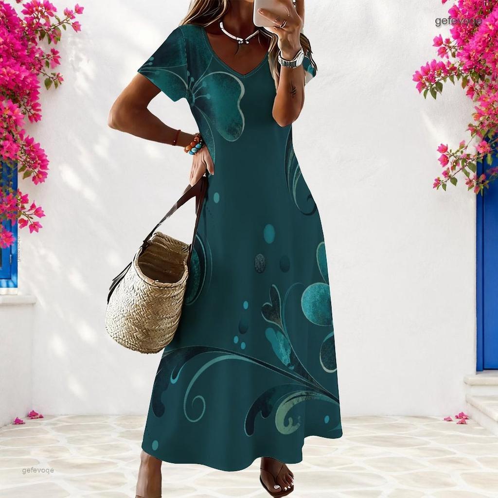 Women Plus Size V Neck Short Sleeve Pink Floral Printed Long Straight Dress