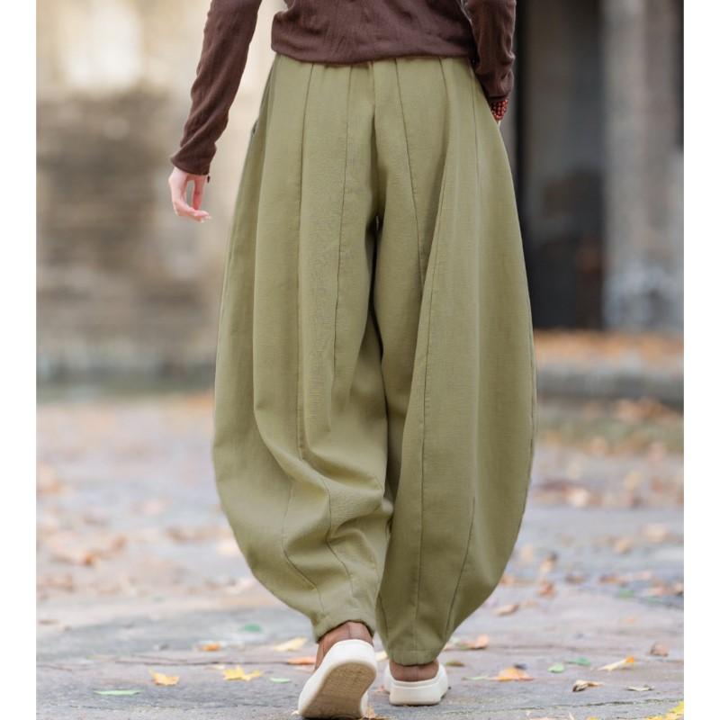 Johnature Women Vintage Bloomers Pants Solid Color Loose Trousers Winter Elastic Waist Chinese Style Pants