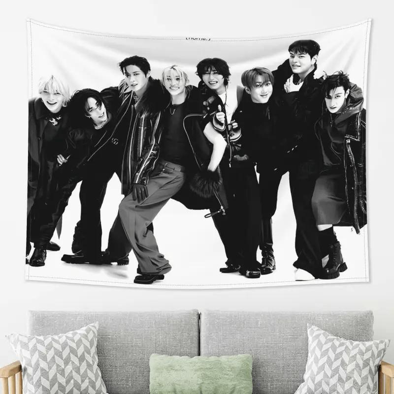 VIKAMA Stray Kids Black White Group Photo Tapestry KPop Trend Style Wall Hanging for Fans Bedroom Dorm Decor