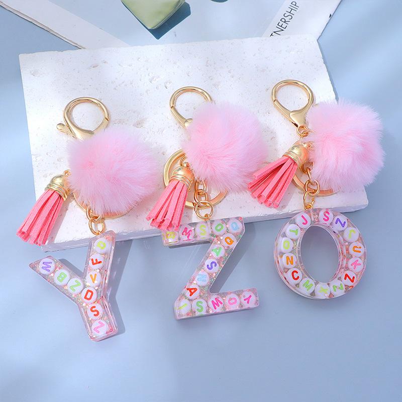 1PC Keyring Key Accessory Letter Filled Colourful Initial Pendant With Fluffy Keychain Glitter Tassel Charms For  Bags Backpacks