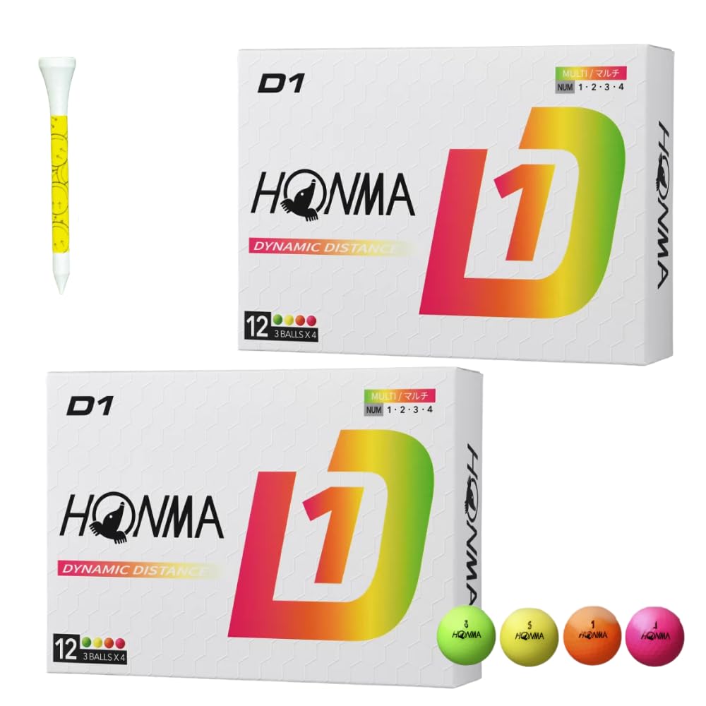 Honma Golf D1 Golf Balls, 2 dozen (24 balls), BT2401 Multicolor, 2024 Model, Distance, with Colored Tees