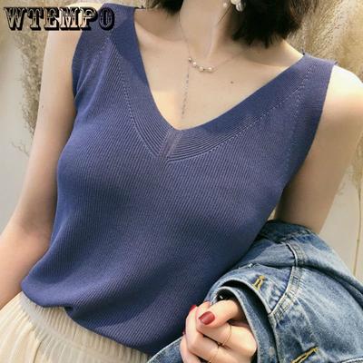 Γυναικεία στολή από μετάξι Ice Camisole, καλοκαιρινό αμάνικο πλεκτό, κορεατική έκδοση, χαλαρό κοντό μπλουζάκι με V λαιμόκοψη, μοντέρνο