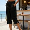 Women Cropped Pants Elastic High Waist Lace-up Straight Leg Casual Trousers with Pockets Breathable Summer Pants School Daily Wear