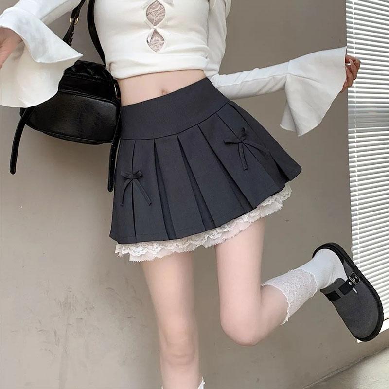 Mini Pleated Skirts Women Hot Girls Sweet Bow Vintage Y2k Clothes Streetwear Sexy Summer Autumn A-line Lace Splicing Goth Skirt