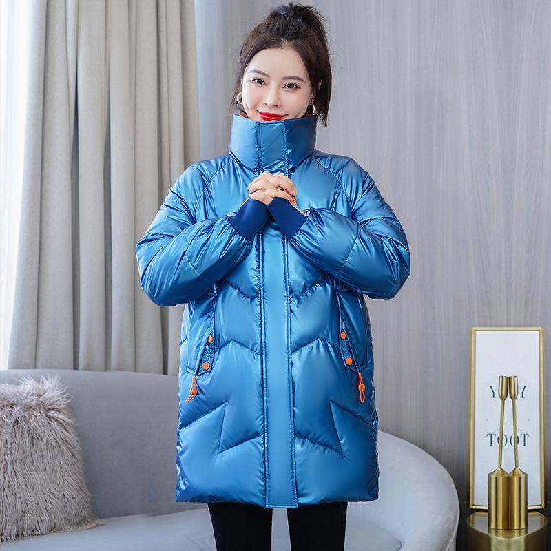 Bright Leather Female Mid-length Plus Size Women's Clothing Contrast Loose Thick Cotton Clothing Student Bread Coat