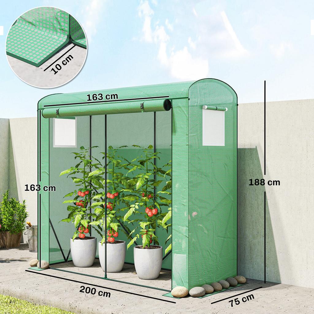 Mini Kas, Tuin Tomaten Kweekkas met Roldeur en 2 Gaasramen, PE Afdekking, 200 x 75 x 188 cm, Groen