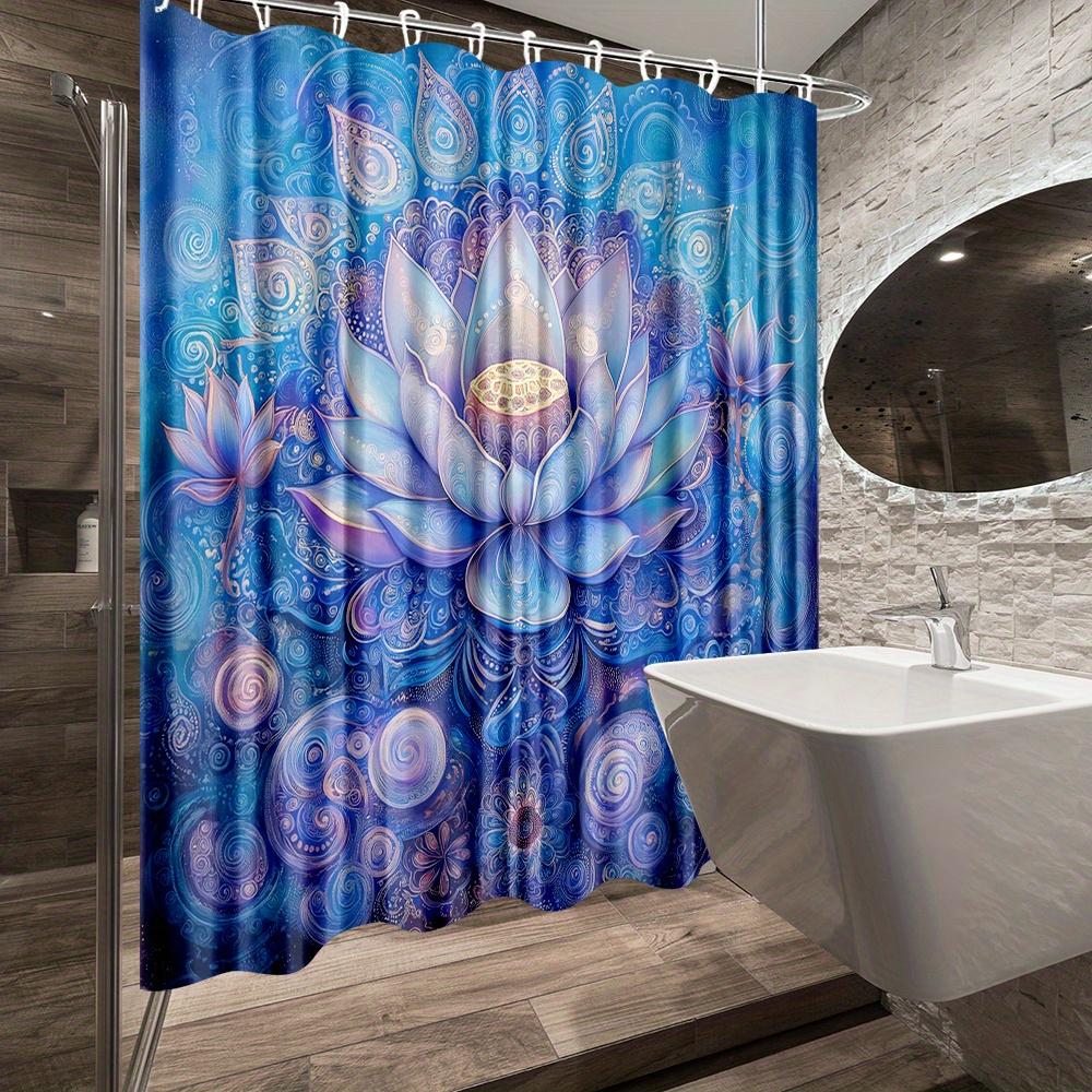 1Pc Mandala For Lotus Shower Curtain - Vibrant Blue Purple Pink Golden Design, Machine Washable Polyester Fabric With 12 Hooks,