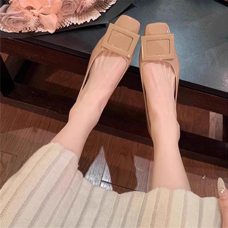 Square buckle light mouth single shoes women's thick heel 2025 spring and autumn new shoes French temperament square head middle heel commuter high h