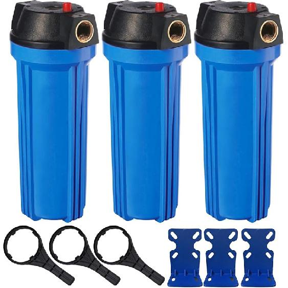 Geekpure 10-Inch Whole House Slim Water Filter Housing for 2.5" X 10" Filter - 3/4"NPT Brass Port - with Air Relief Valve-Blue (1)