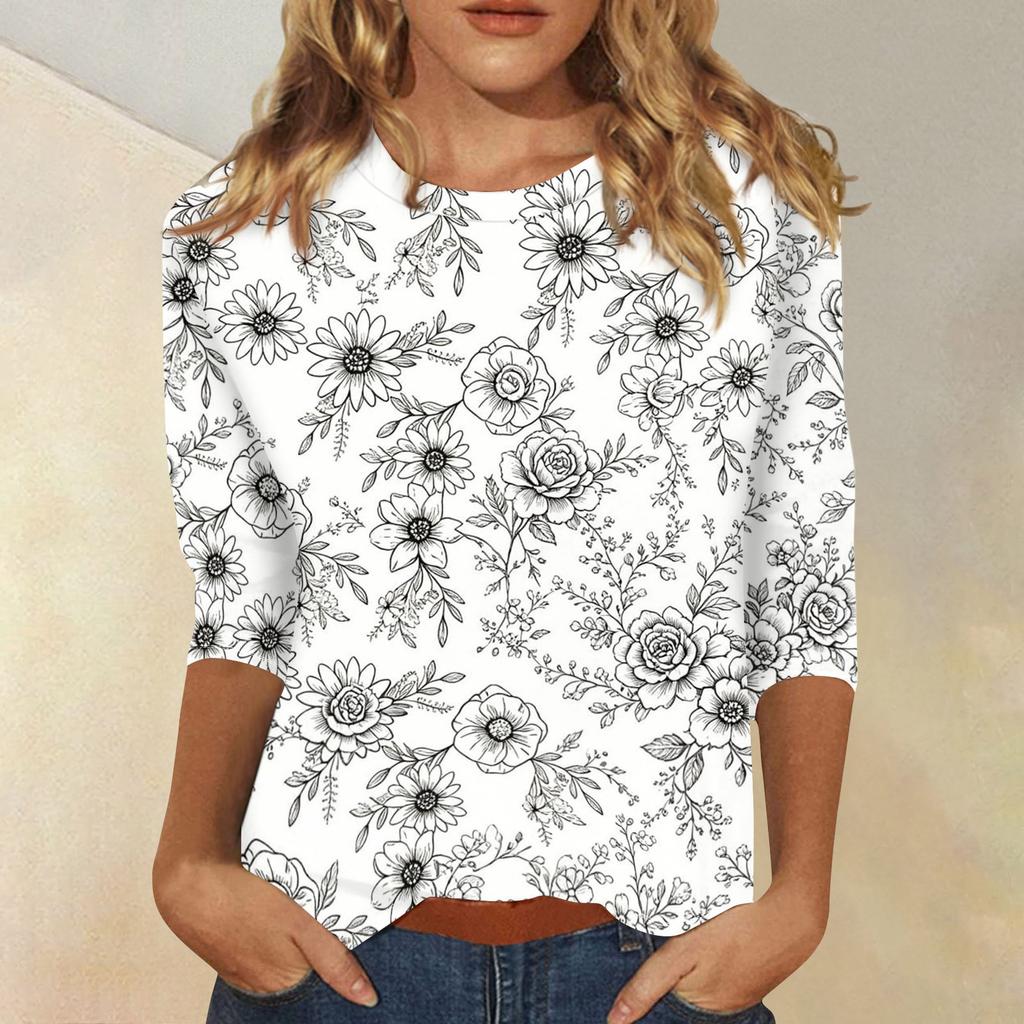 Top da Donna Casual con Stampa Floreale, Manica a Tre Quarti, Girocollo, Leggero, Vestibilità Comoda, Per l'Uso Quotidiano