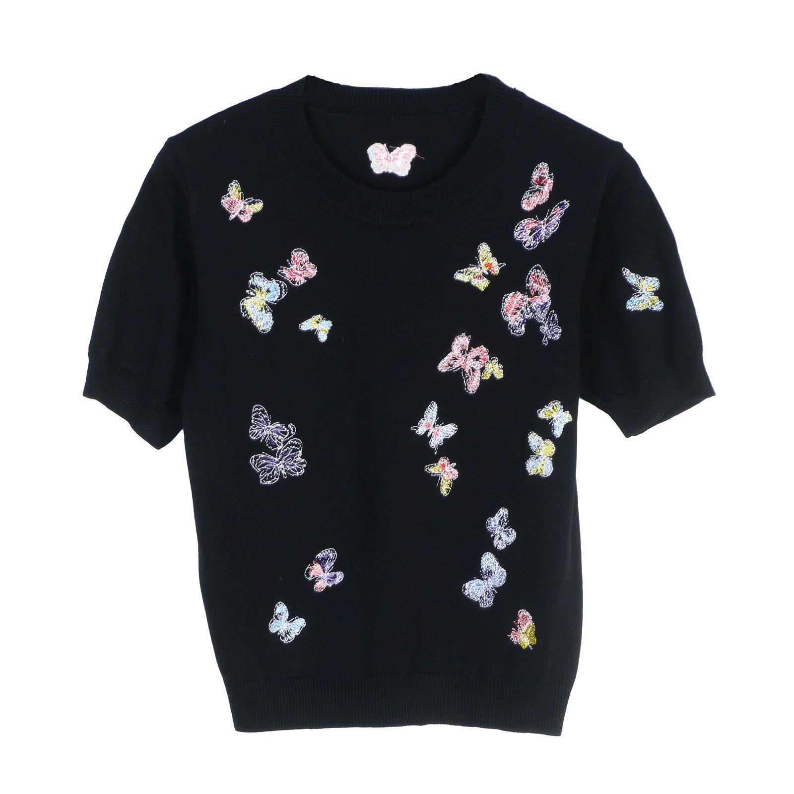 

2025 Весна/Лето Вышивка Бабочки Круглый Вырез Короткий Рукав Вязаный Женский Топ Large