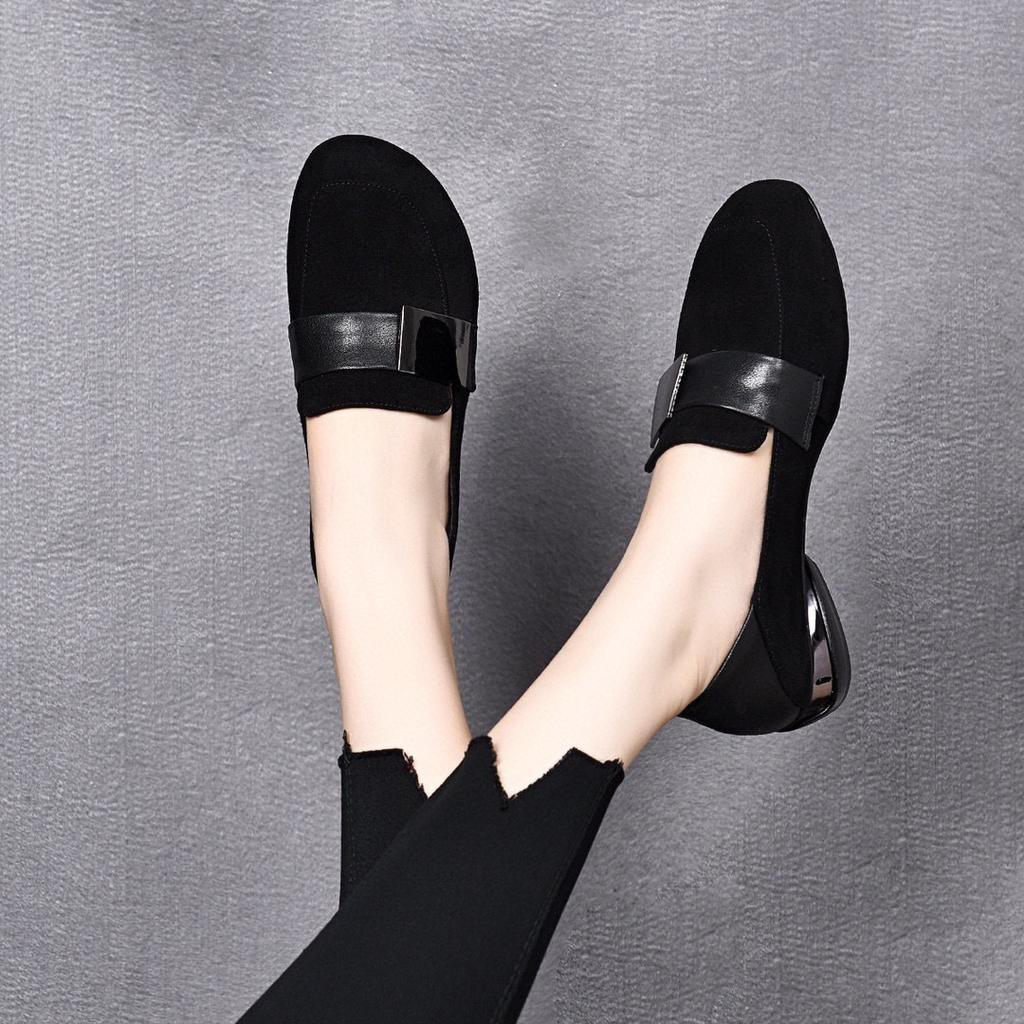 Medium heel single shoes women's shoes autumn new thick heel square buckle round head work shoes black sheepskin women's low-top shoes