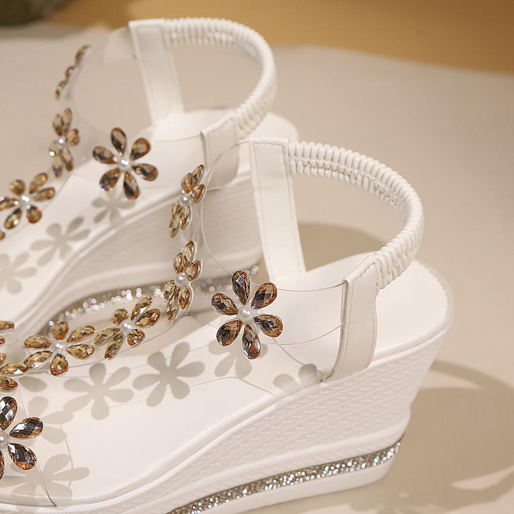 Sandal mit dicker Sohle Damen, 2025 Sommer Neu Übergröße Modische Keilabsatzsandalen, Blumendekor Strass Strandschuhe