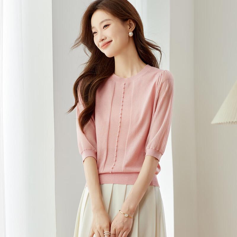 Women's Thin Patchwork Wool Blend Seven-Quarter Sleeve Sweater