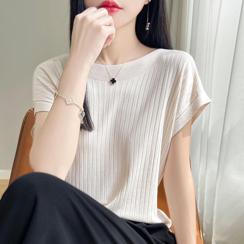 Fashion Slash Neck Women Sweater Ice Silk Spring Summer Knitted Sweater Loose Casual Korean Shirts Short Sleeve Knitwears