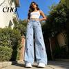 Stretchy Slim Jeans Girl's Bow Cherry Print Baggy Jeans, Wide Leg Mid Waisted Denim Pants for Women Pants, Zipper Fly Elastic Casual Streetwear