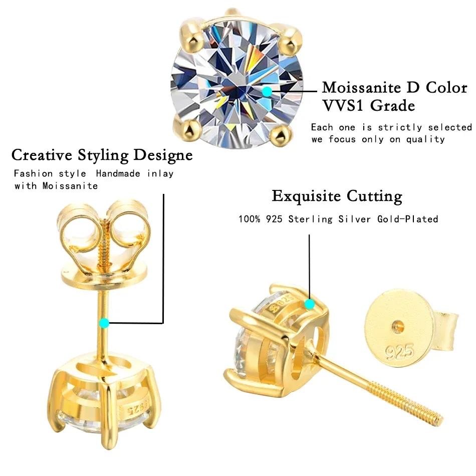 ALITREE 1ct D Color Moissanite Earrings 925 Sterling Sliver Plated Gold Diamond Ear Studs with GRA Certificate for Women Jewelry