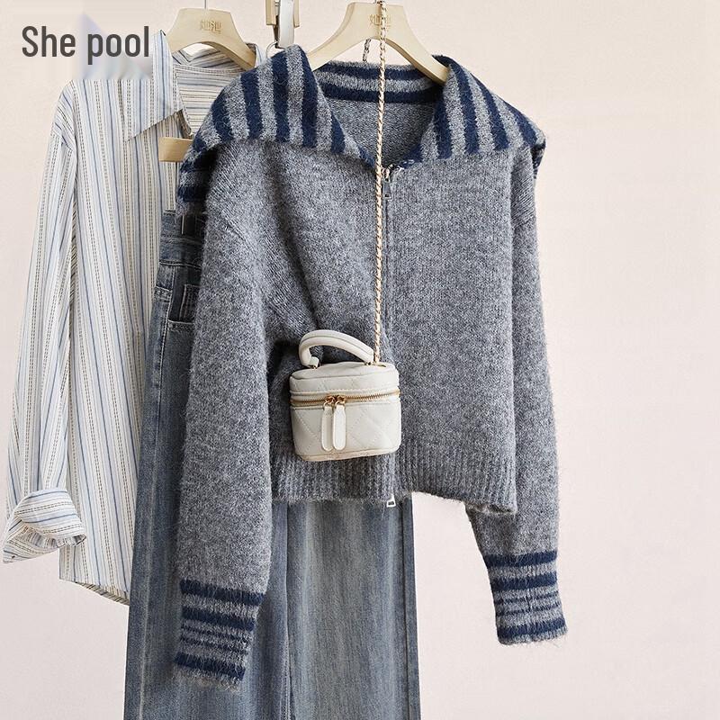 

Women s Lamb Wool Blend Striped Knitted Cardigan One Size