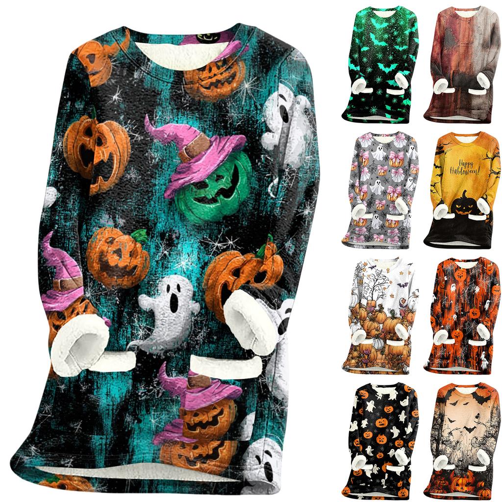 Women's Long Sleeve Pullover Fleece Lined Sweatshirt Cozy Thick Warm Lamb Wool Autumn Winter Top Halloween Print