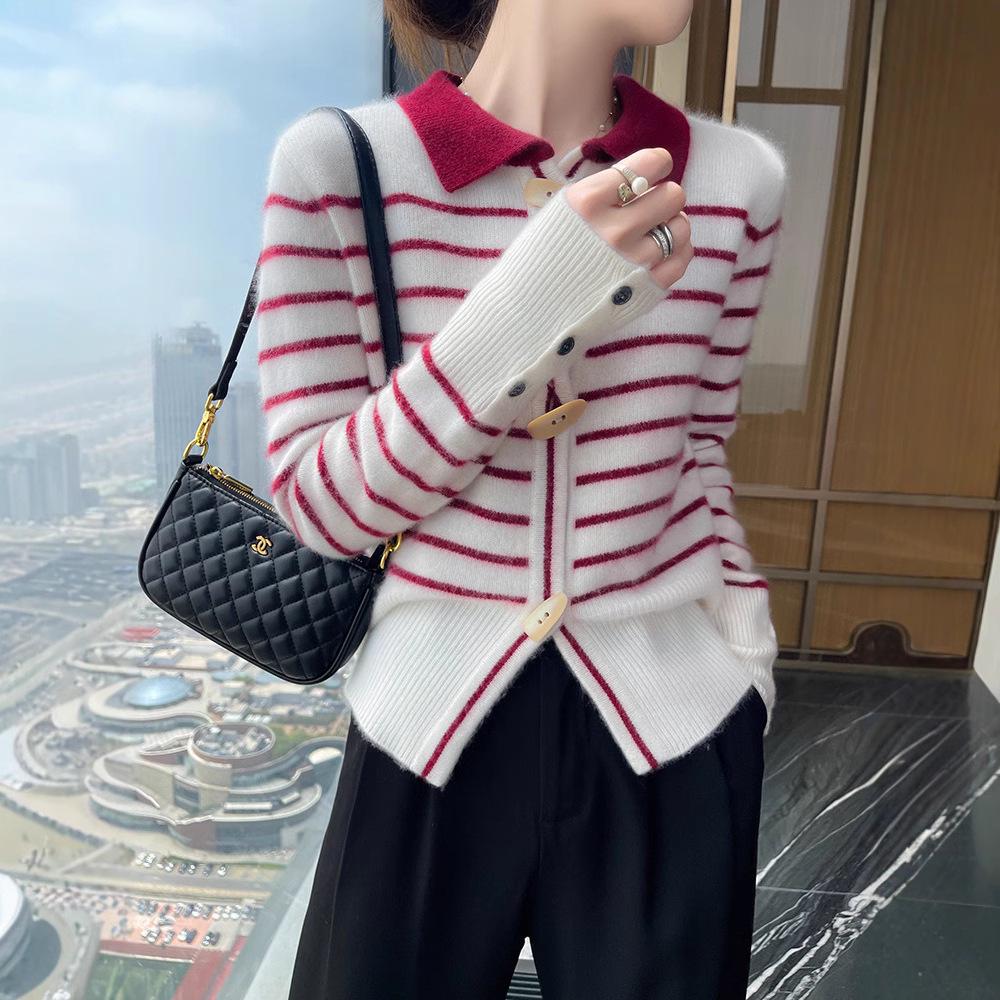 Women's Striped Cashmere Knit Cardigan with Polo Collar - Long Sleeve, Loose Fit, Warm Sweater Coat