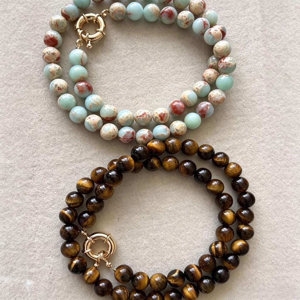 New European and American style Shoushan stone natural stone beaded necklace, vintage tiger's eye stone necklace, bohemian-style clavicle chain for