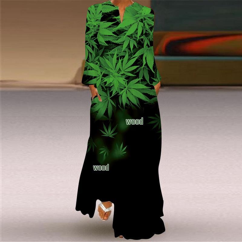 2024 Autumn European & American V-Neck Long-Sleeve Sexy Printed Maxi Dress