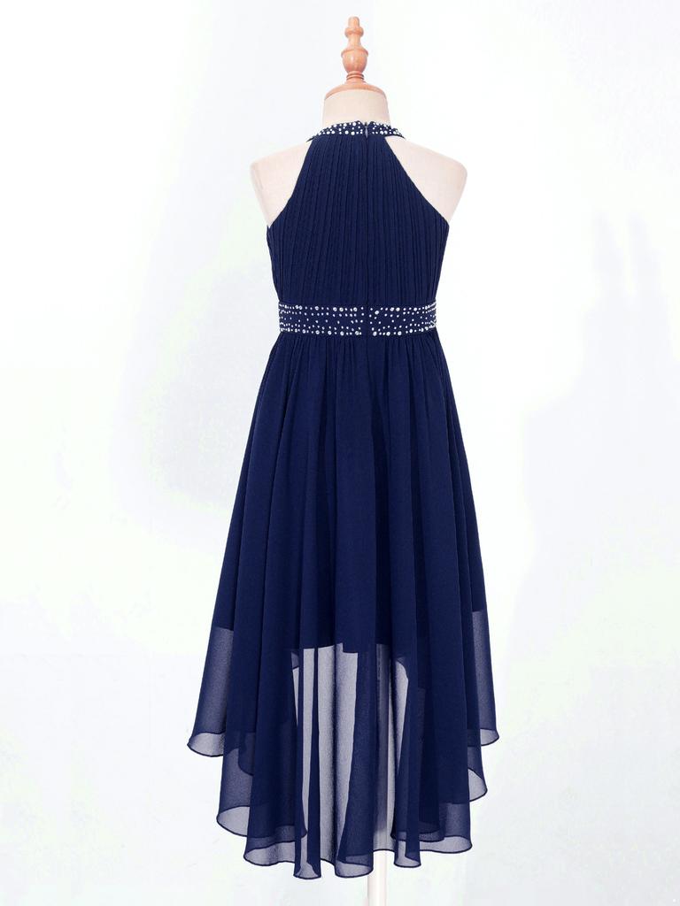 Kids Girls Shiny Rhinestone Party Dress Sleeveless Ruched Chiffon Dress High Waist Elegant Evening Formal Prom Dresses