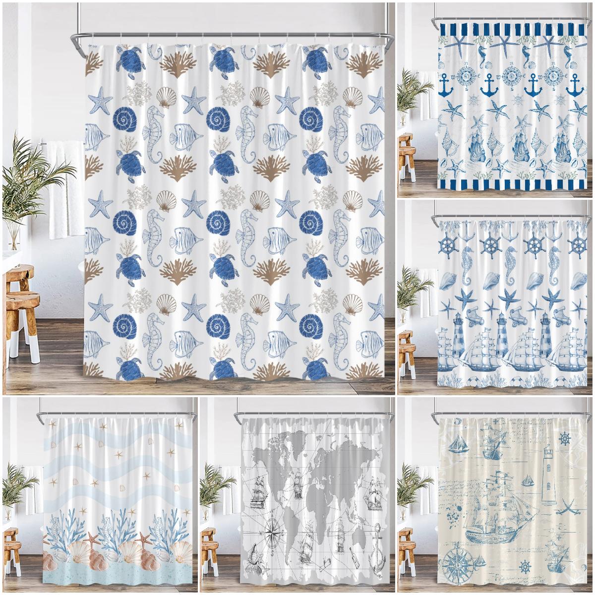 Monika Chen Blue Nautical Shower Curtain Adventure Map Marine Life Lighhouse Navy Bath Decoration Kids Polyester Bathroom Curtain With Hook