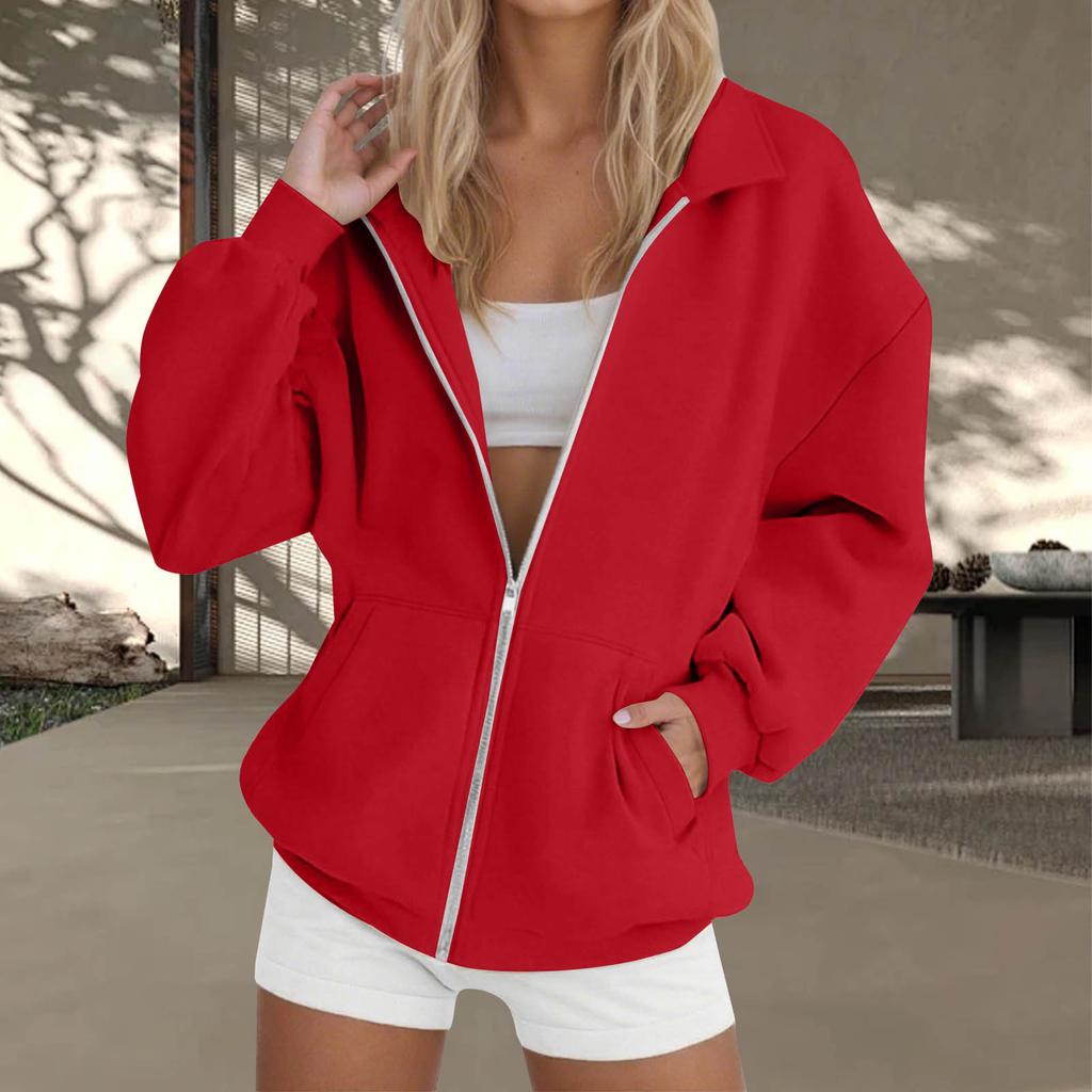 Women's  Fashion Zipper Hoodie Long Sleeve Hooded Pullover Sweatshirt Casual Solid Color Tops With Pockets