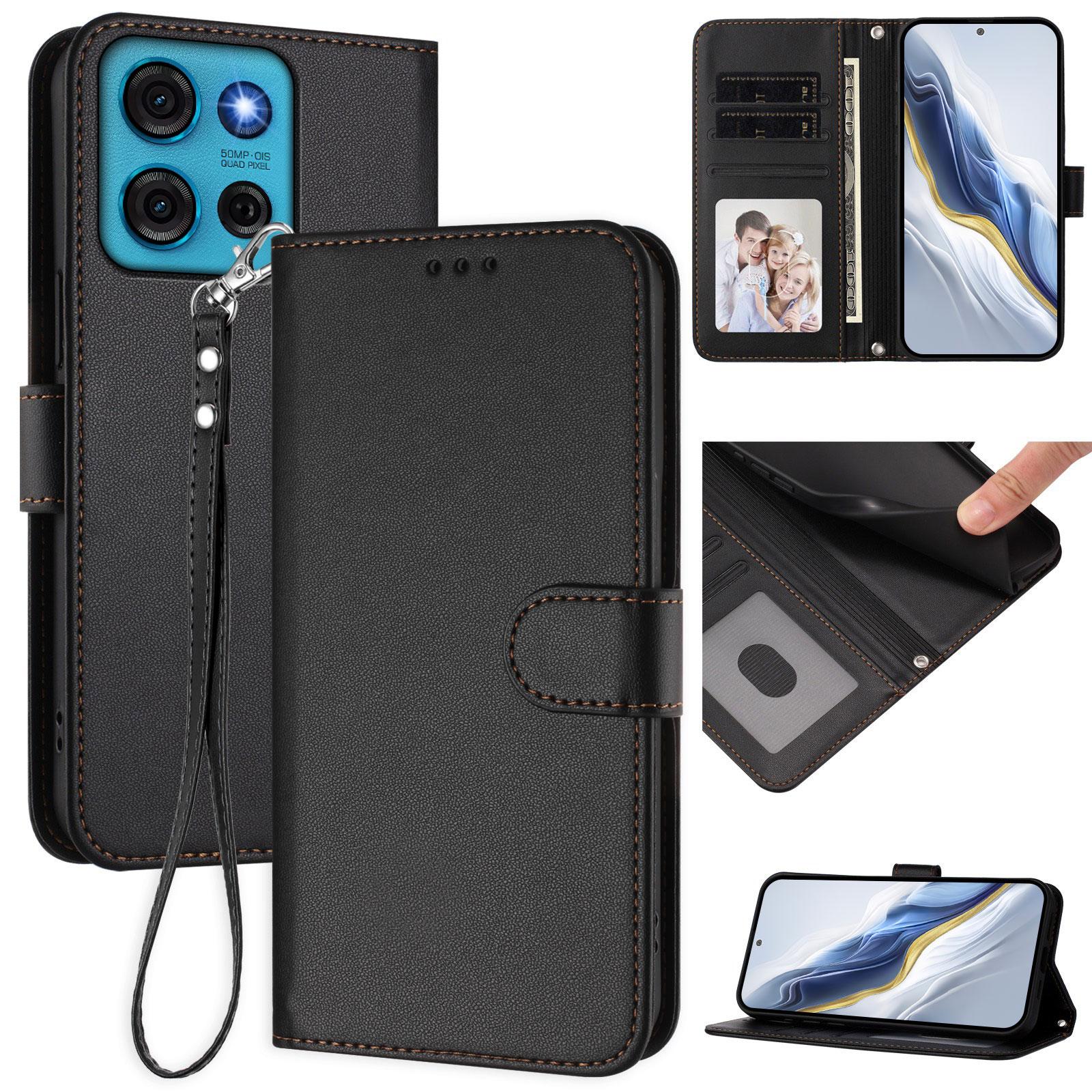 

For Motorola Moto G75 5G Leather Case Wallet Stand Phone Cover with Wrist Strap Black