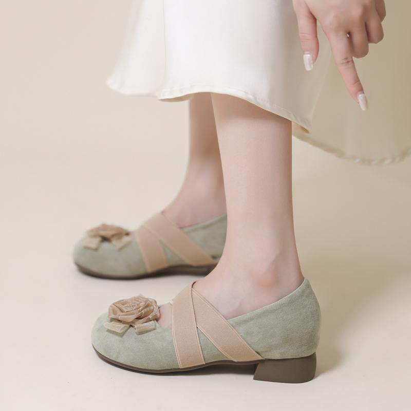 Women Pumps French Style Spring New Elegant Heels Flower Sweet Round Toe Shoes Women Cross Strap Slip-on Casual Ballet Shoes
