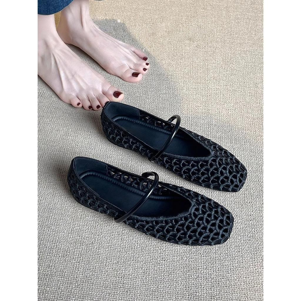 French hollow single shoes women's flat bottom 2025 summer new versatile woven breathable word with shallow mouth Mary Jane shoes