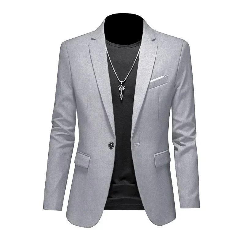 

Autumn Trendy Light Luxury Men Slim Fit Suit Formal Subtlety JacketCasual Business Solid Color Lapel Long Sleeve Pockets Suit XXL серый