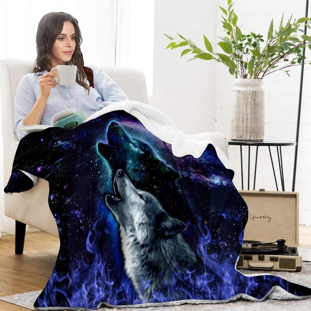 Wolf and Moon Throw Blanket Women Men Hooded Wearable Fleece Plush 3D Print Galaxy Wolf Moon Blanket 60X80 Inces for Home