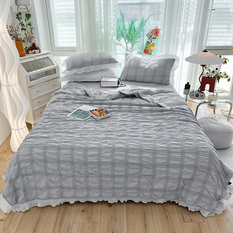 Princess Style Seersucker Summer Quilt Four-Piece Dormitory Chiffon Lace Airable Cover Machine Washable Thin Duvet
