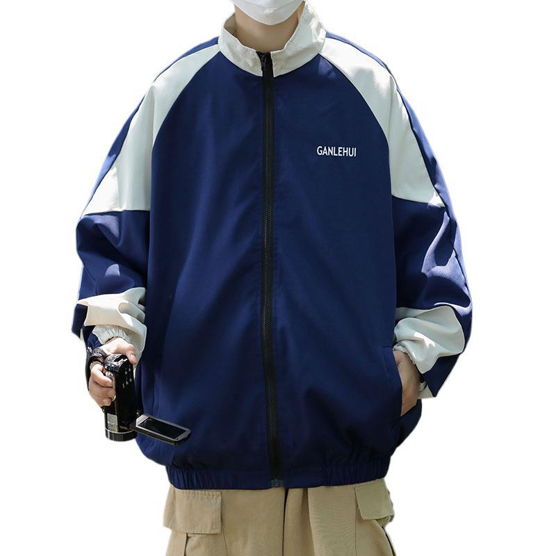 Color matching jacket men's spring Hong Kong style ins trendy brand loose casual Japanese stand-up collar sports trench coat jacket