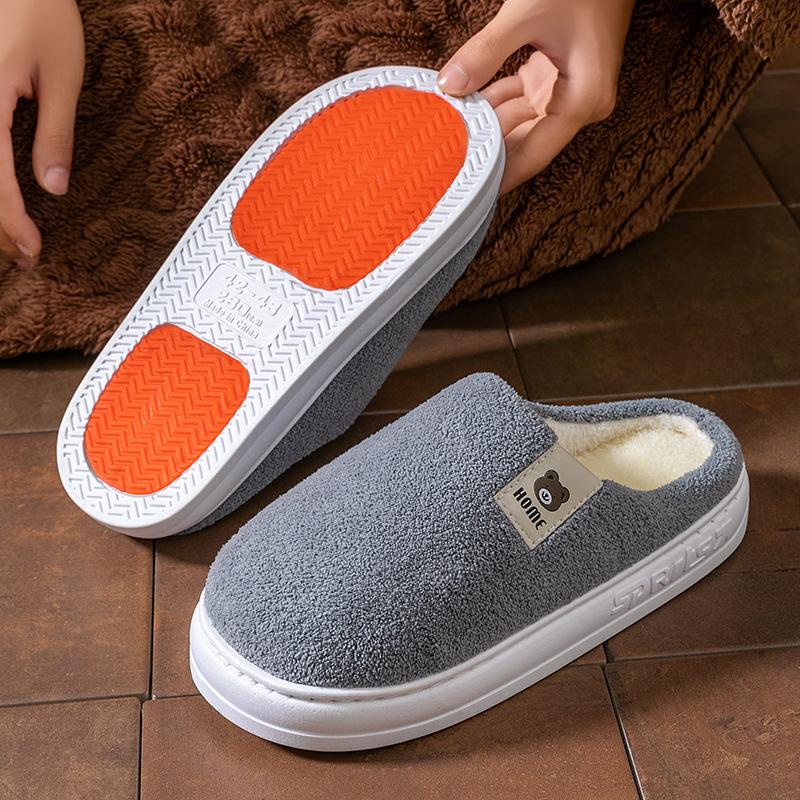 Non-slip Bottom Thermal Cotton Slippers Winter Home Piled Thickened Couple Cartoon Bear Plush Slippers