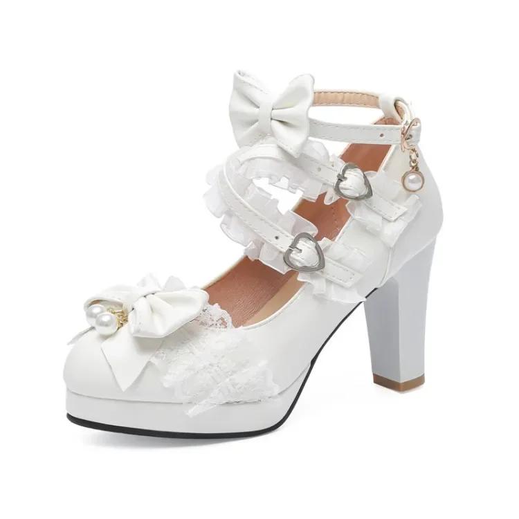 Scarpe con tacco alto da donna con cinturino incrociato Mary Jane Pumps per feste e matrimoni Cosplay Bianco Rosa Nero Fiocco di fragole Principessa Cosplay Lolita